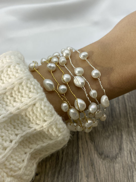 Women's Silver Handcuffs Bracelet with Pearl