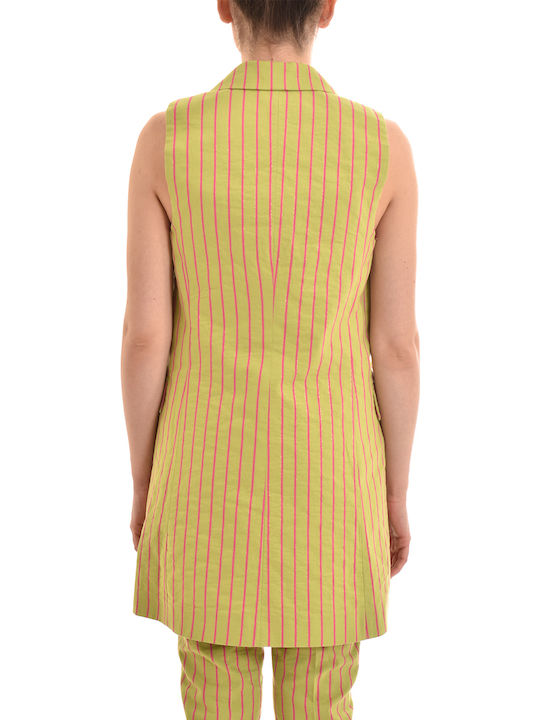 Double Breasted Sleeveless Striped Gilet-green/fuchsia Κίτρινο Γυναικείο Γιλέκο