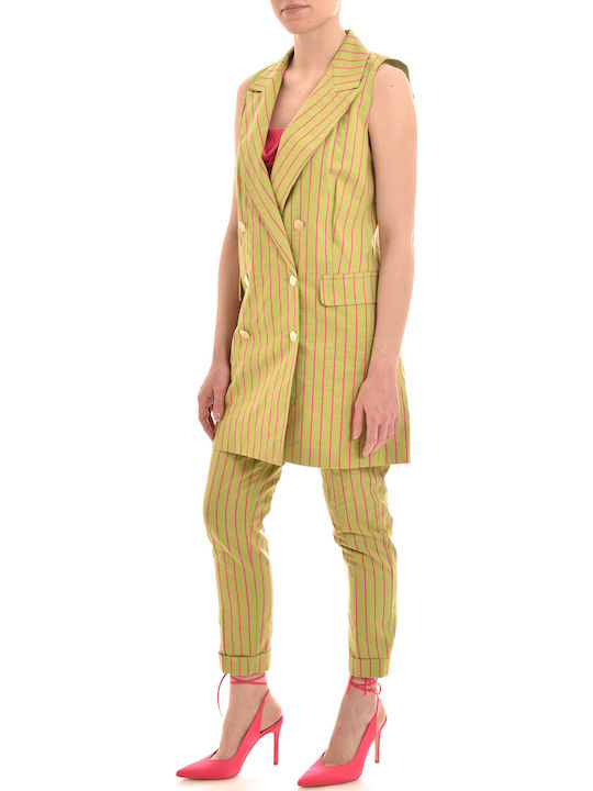 Double Breasted Sleeveless Striped Gilet-green/fuchsia Κίτρινο Γυναικείο Γιλέκο