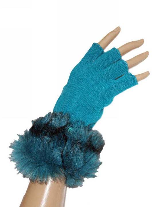 Μπλε Γυναικεία Πλεκτά Γάντια με Γούνα & με Κομμένα Δάχτυλα