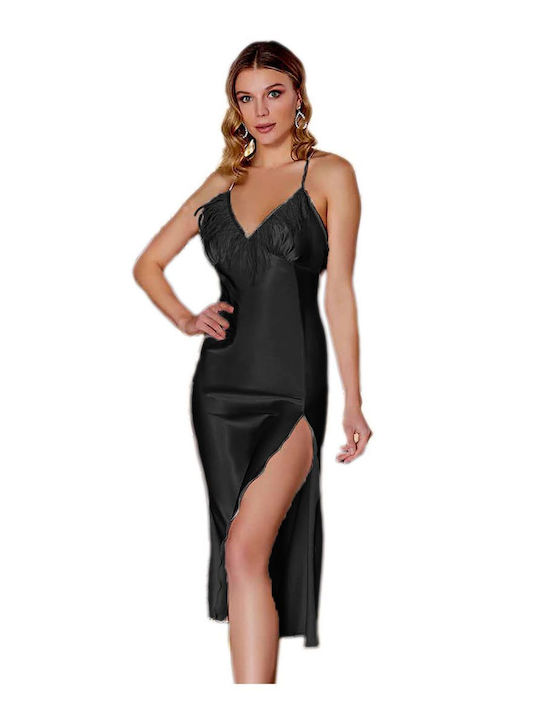 FMS Winter Damen Satin Robe mit Nachthemd Schwarz