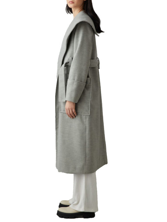 4tailors Dorothee Overcoat-grey Mel Γυναικείο Γκρι Παλτό με Κουμπιά