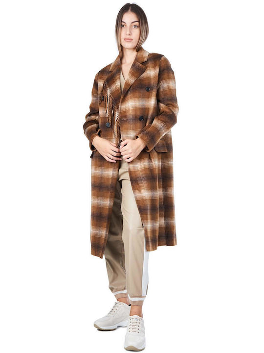 Wool Women's Checked Brown Coat with Buttons