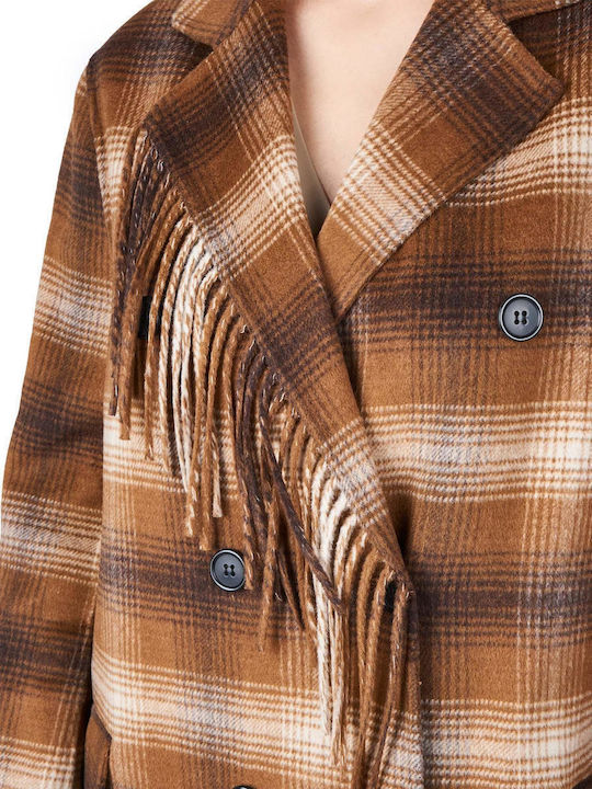 Wool Women's Checked Brown Coat with Buttons