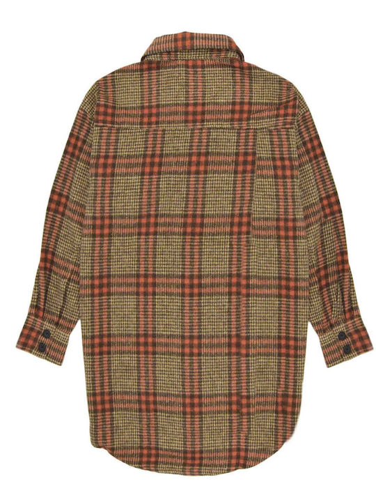 Γυναικείο Καρό Καφέ Παλτό Oversized με Κουμπιά