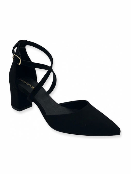 Step Shop Suede Black Heels with Strap