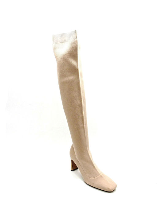 Corina Over the Knee High Heel Women's Boots with Rubber Beige