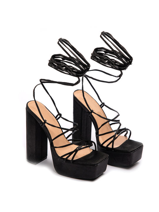 Malesa Platform Fabric Women's Sandals with Laces Black