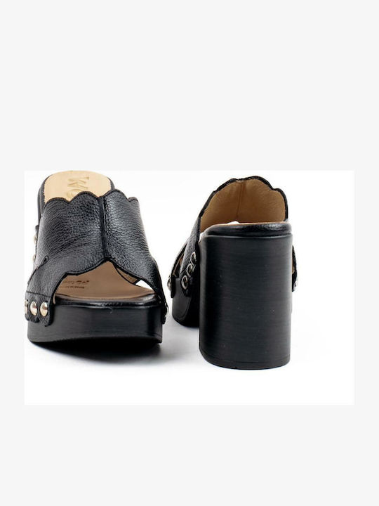 Leather Mules with Chunky High Heel in Black Color