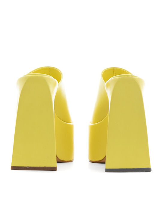 Leather Mules with Chunky High Heel in Yellow Color