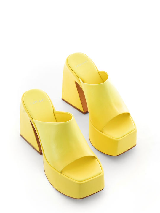 Leather Mules with Chunky High Heel in Yellow Color