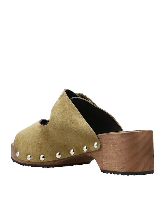 Margot Suede Mules με Χοντρό Χαμηλό Τακούνι σε Πράσινο Χρώμα