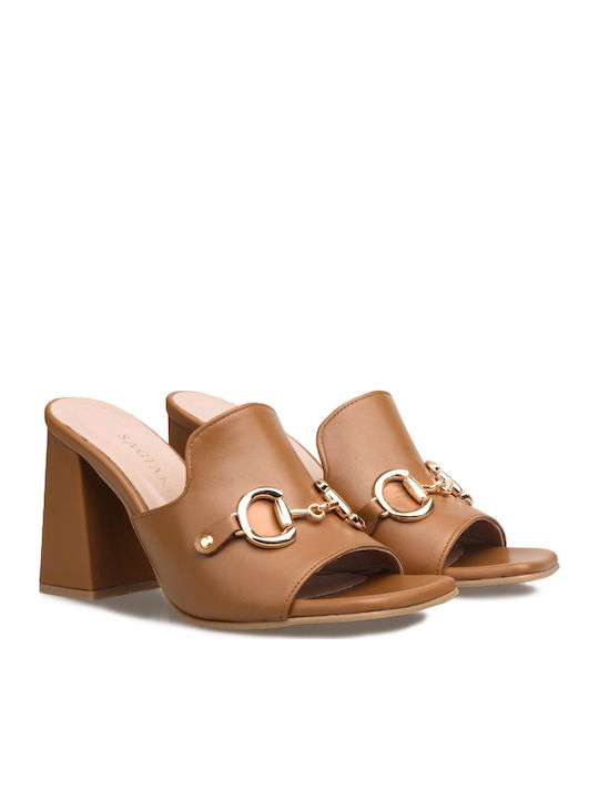 Mules mit Chunky Hoch Absatz in Tabac Braun Farbe
