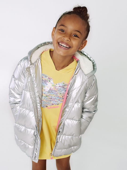 Kids Quilted Long Coat with Hood Silver