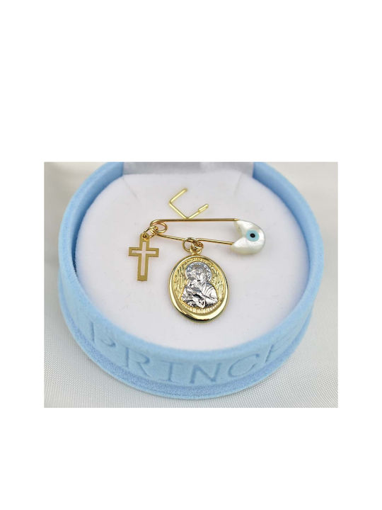 Child Safety Pin made of Gold and White Gold 9K with Cross and Icon of the Virgin Mary
