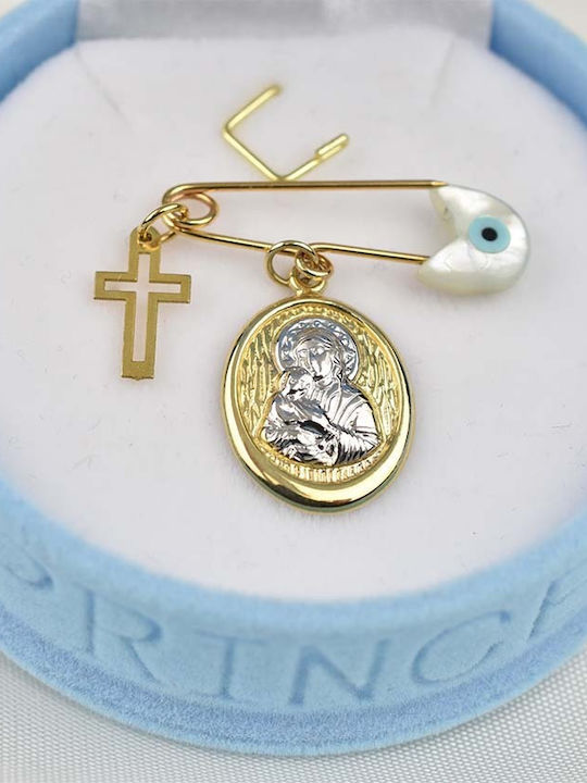 Goldjewels Παιδική Παραμάνα από Χρυσό και Λευκόχρυσο 9K με Σταυρό και Εικόνα της Παναγίας
