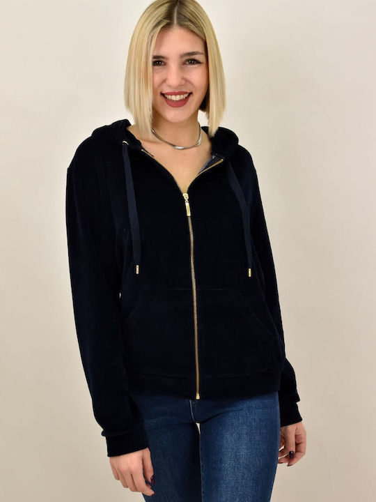 First Woman Women's Hooded Velvet Cardigan Navy Blue