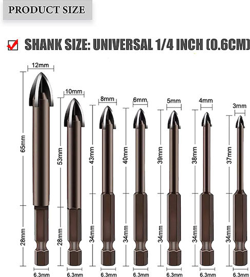 SKS Tools Σετ 7 Τετράκοπα Τρυπάνια Καρβιδίου με Εξάγωνο Στέλεχος για Γυαλί, Πλακίδια και Δομικά Υλικά