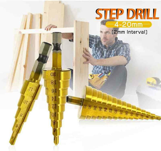 Set of 3 Conical Drills Titanium with Hexagonal Shank for Metal 12-32mm