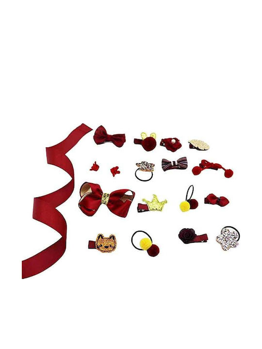 Set of Kids Hair Clips with Hair Clip / Rubber Band in Red Color 15pcs