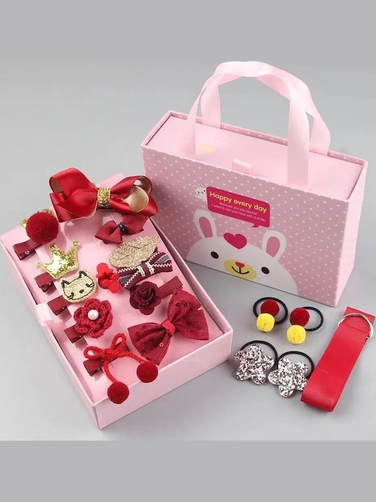 Set of Kids Hair Clips with Hair Clip / Rubber Band in Red Color 18pcs