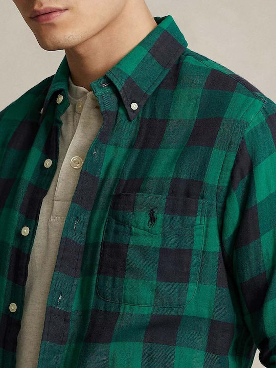 Long-sleeved Cotton Shirt Checked Green