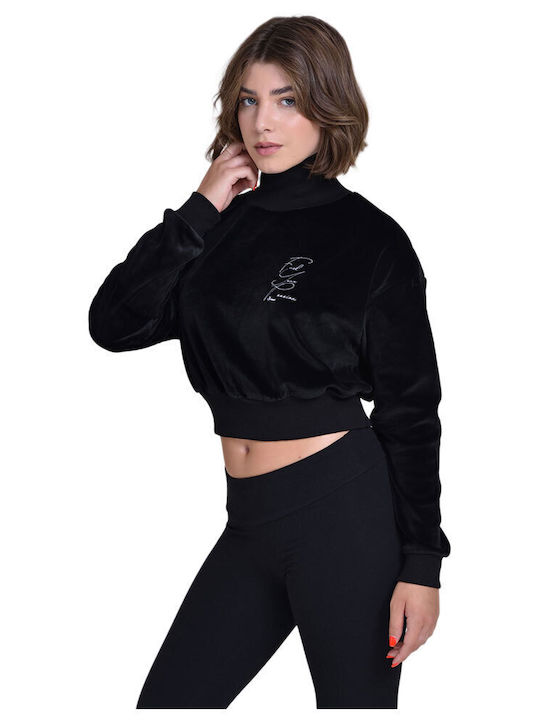 Damen Crop Top Baumwolle Rollkragenpullover Langarm Schwarz