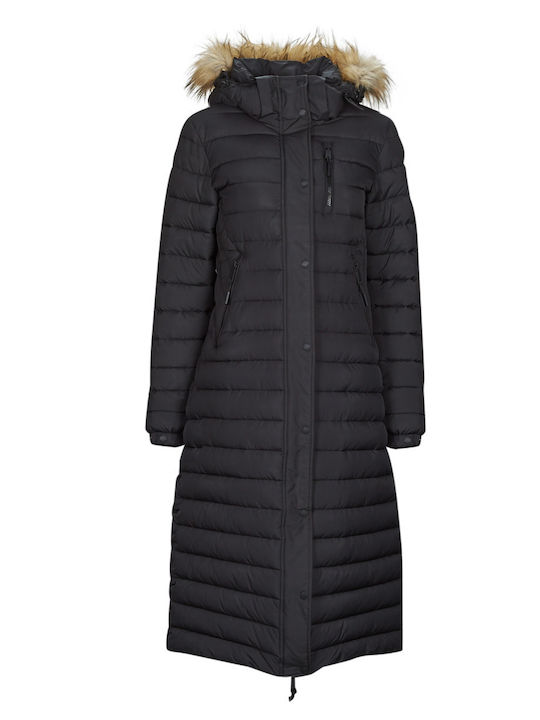 Fuji Women's Long Puffer Jacket for Winter with Hood Black