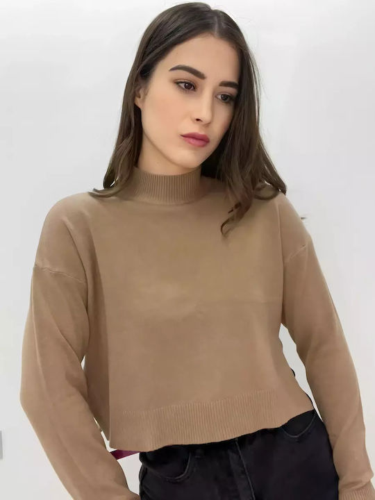 Passione Moda Women's Crop Top Long Sleeve Brown