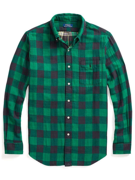 Long-sleeved Cotton Shirt Checked Green