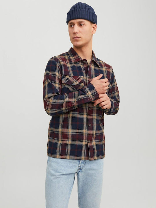 Long Sleeve Flannel Overshirt Regular Fit Checked Burgundy