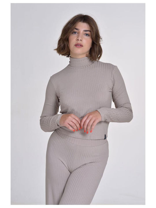 Target pentru Femei Crop Top Guler cu guler înalt cu Mâneci Lungi Maro