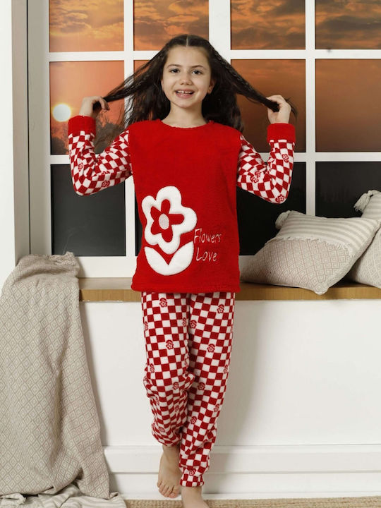 Lindros Set Top & Bottom Kids Winter Fleece Pyjamas Red