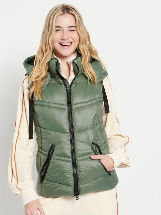 Women's Short Puffer Jacket for Winter with Hood Green