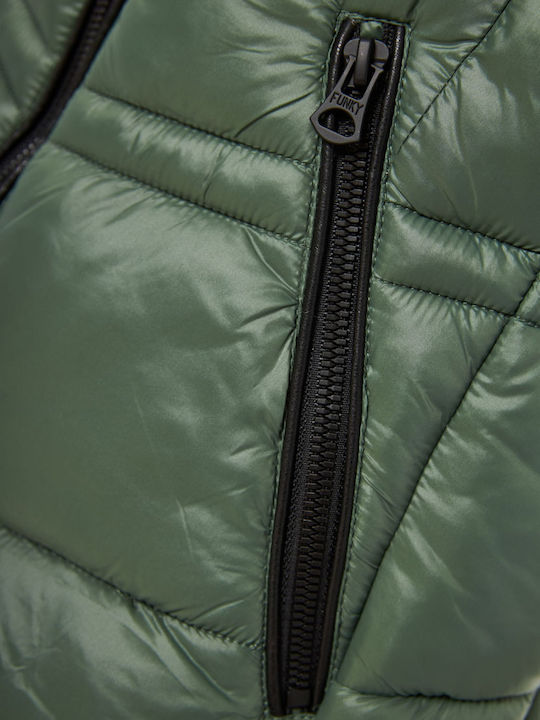 Women's Short Puffer Jacket for Winter with Hood Green