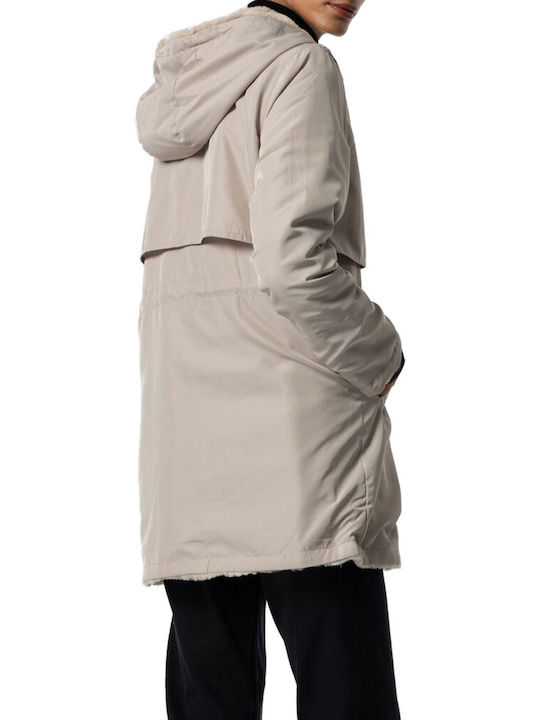 Tiffosi Women's Short Puffer Jacket Față și spate for Winter with Detachable Hood Beige