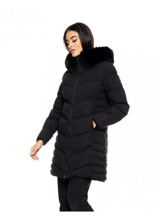 Women's Long Puffer Jacket for Winter with Hood Black