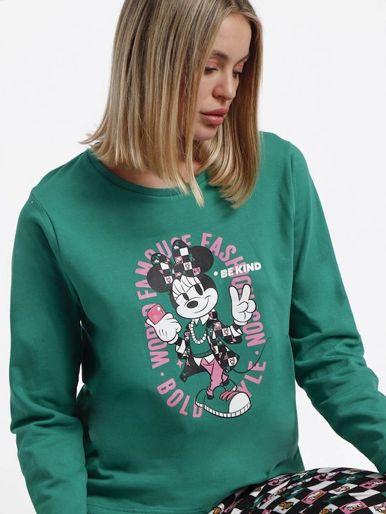 Disney Χειμερινό Γυναικείο Σετ Πιτζάμας Βαμβακερό Πράσινο