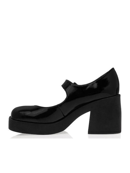 Synthetic Leather Black Heels with Strap