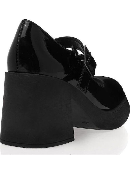 Synthetic Leather Black Heels with Strap