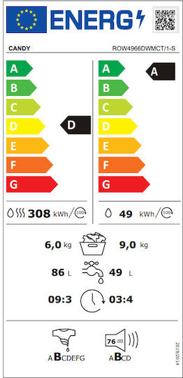Candy ROW4966DWMCT/1-S Πλυντήριο-Στεγνωτήριο Ρούχων 9kg/6kg Ατμού 1400 Στροφές με Wi-Fi