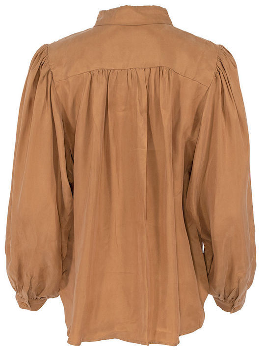 See U Soon Women's Satin Long Sleeve Shirt Brown