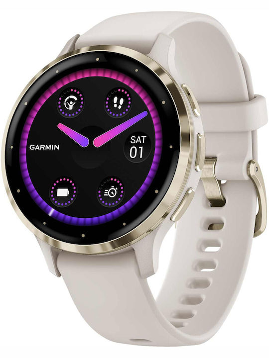 Garmin Venu 3S 41mm Rezistent la apă Ceas inteligent cu pulsometru (Auriu moale din oțel inoxidabil, cu carcasă de fildeș și bandă de silicon Ivory)