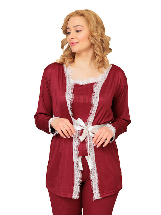 Damen-Pyjama-Set in Bordeaux mit Spitze (20402)