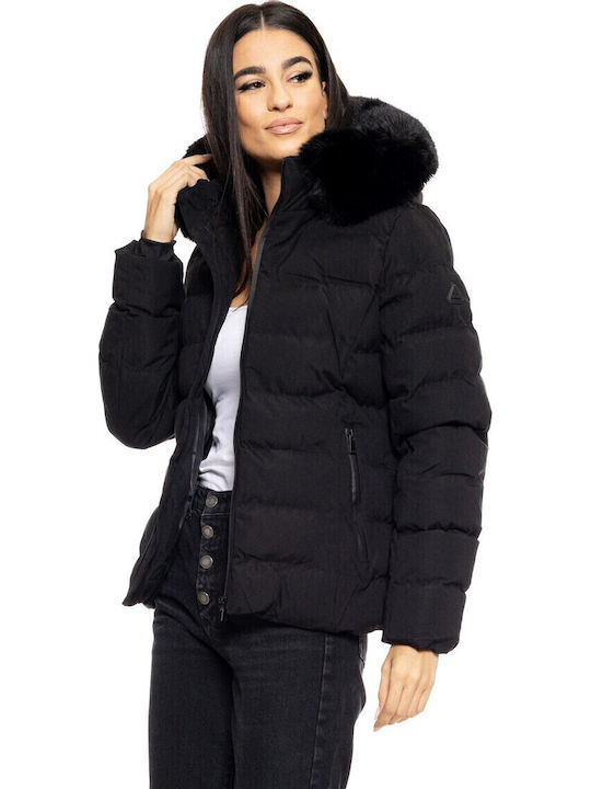 Women's Short Puffer Jacket for Winter with Hood Black