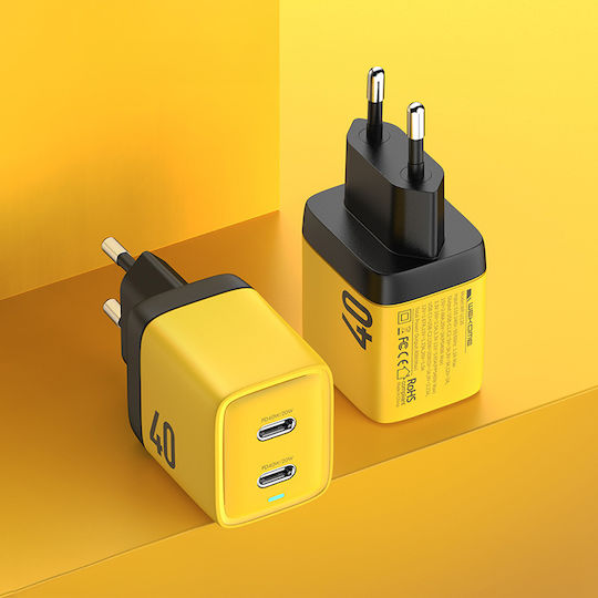 WK Φορτιστής Χωρίς Καλώδιο GaN με 2 Θύρες USB-C 40W Power Delivery Κίτρινος (WP-U128)