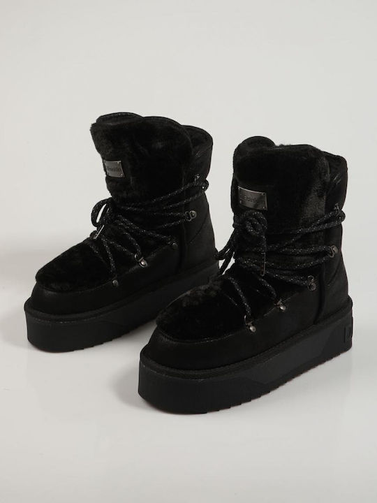 Synthetic Leather Snow Boots with Rubber & Fur Black