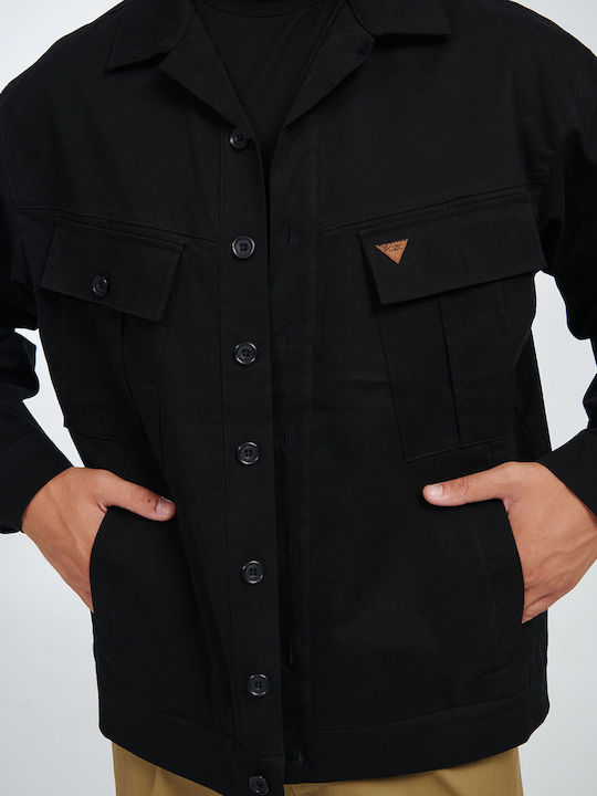 P/Coc Herrenhemd Overshirt Langärmelig Baumwolle Schwarz