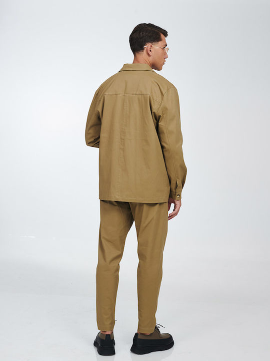 Μακρυμάνικo Overshirt σε Κανονική Γραμμή Μπεζ