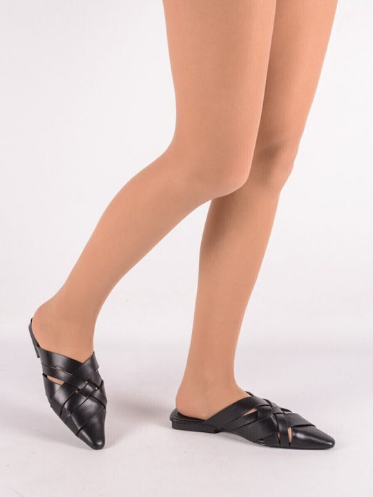 Flat Leather Mules in Black Color